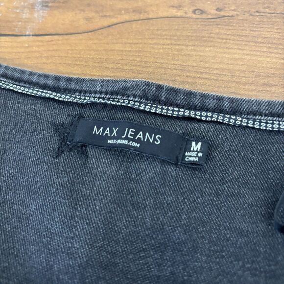 Max Jeans Women's Sz M Black Denim Star Embroidered Dress Charcoal Wash Pockets - Picture 9 of 9